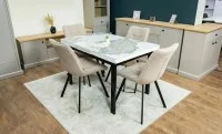 Set Masă Living Extensibilă Blat Ceramic KJT416 Alb-Cappuccino cu 4 Scaune DCM1801CF Bej