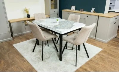 Set Masă Living Extensibilă Blat Ceramic KJT416 Alb-Cappuccino cu 4 Scaune DCM1801CF Bej