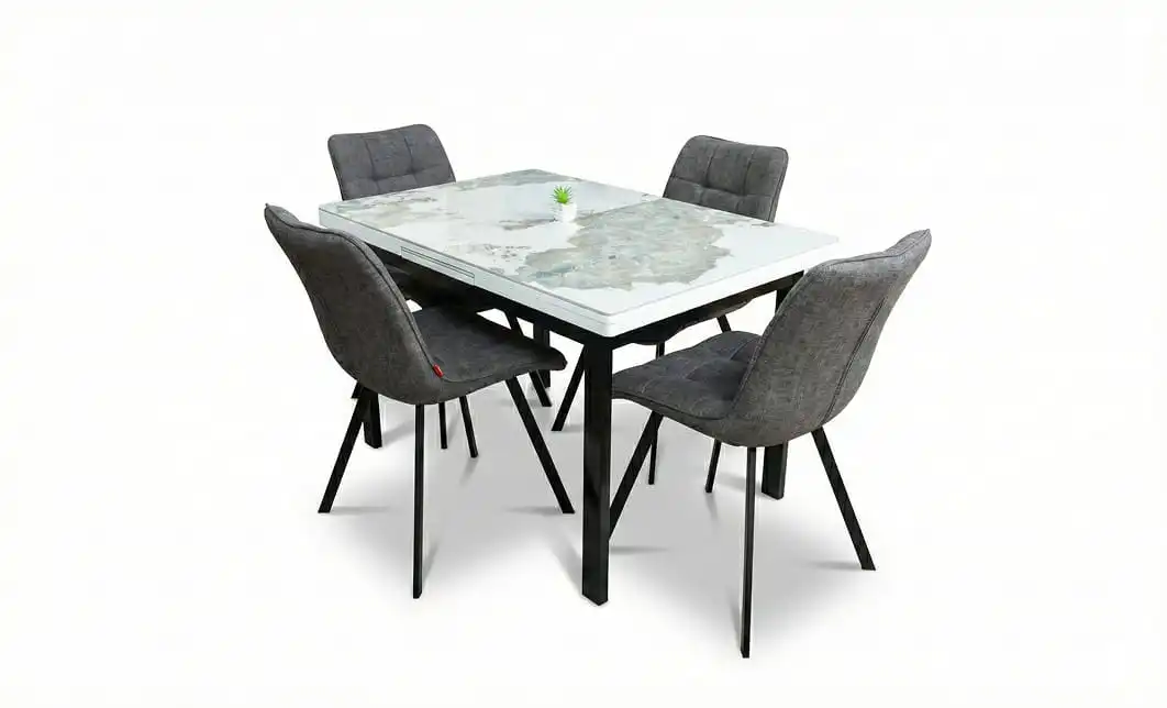 Set Masă Living Extensibilă Blat Ceramic KJT416 Alb-Cappuccino cu 4 Scaune DCM1801CF Gri 1