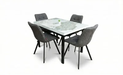 Set Masă Living Extensibilă Blat Ceramic KJT416 Alb-Cappuccino cu 4 Scaune DCM1801CF Gri