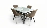 Set Masă Living Extensibilă Blat Ceramic KJT416 Alb-Cappuccino cu 4 Scaune DCM1801CF Maro