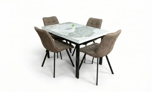 Set Masă Living Extensibilă Blat Ceramic KJT416 Alb-Cappuccino cu 4 Scaune DCM1801CF Maro