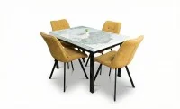 Set Masă Living Extensibilă Blat Ceramic KJT416 Alb-Cappuccino cu 4 Scaune DCM1801CF Muștar