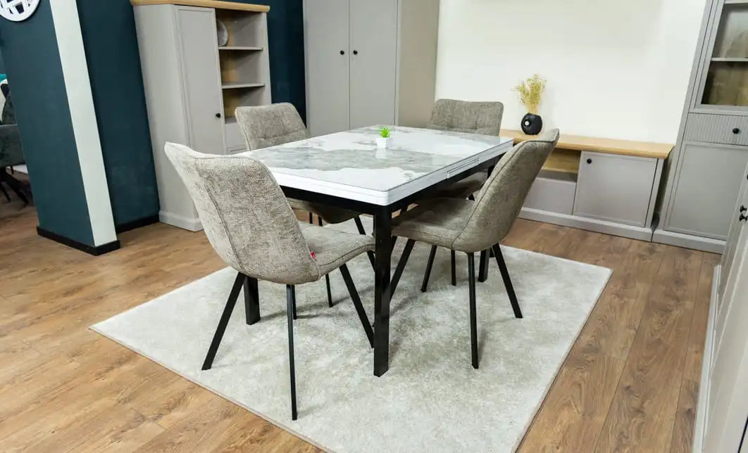 Set Masă Living Extensibilă Blat Ceramic KJT416 Alb-Cappuccino cu 4 Scaune DCM1801CF Verzi
