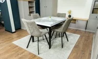 Set Masă Living Extensibilă Blat Ceramic KJT416 Alb-Cappuccino cu 4 Scaune DCM1801CF Verzi