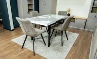 Set Masă Living Extensibilă Blat Ceramic KJT416 Alb-Cappuccino cu 4 Scaune DCM1801CF Verzi