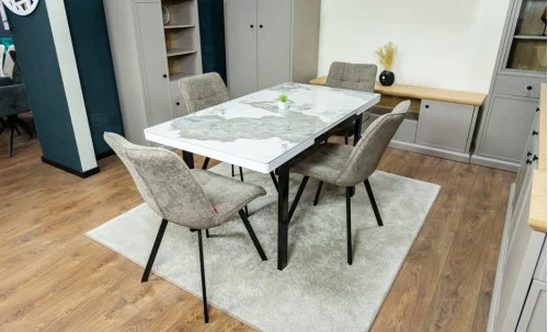 Set Masă Living Extensibilă Blat Ceramic KJT416 Alb-Cappuccino cu 4 Scaune DCM1801CF Verzi