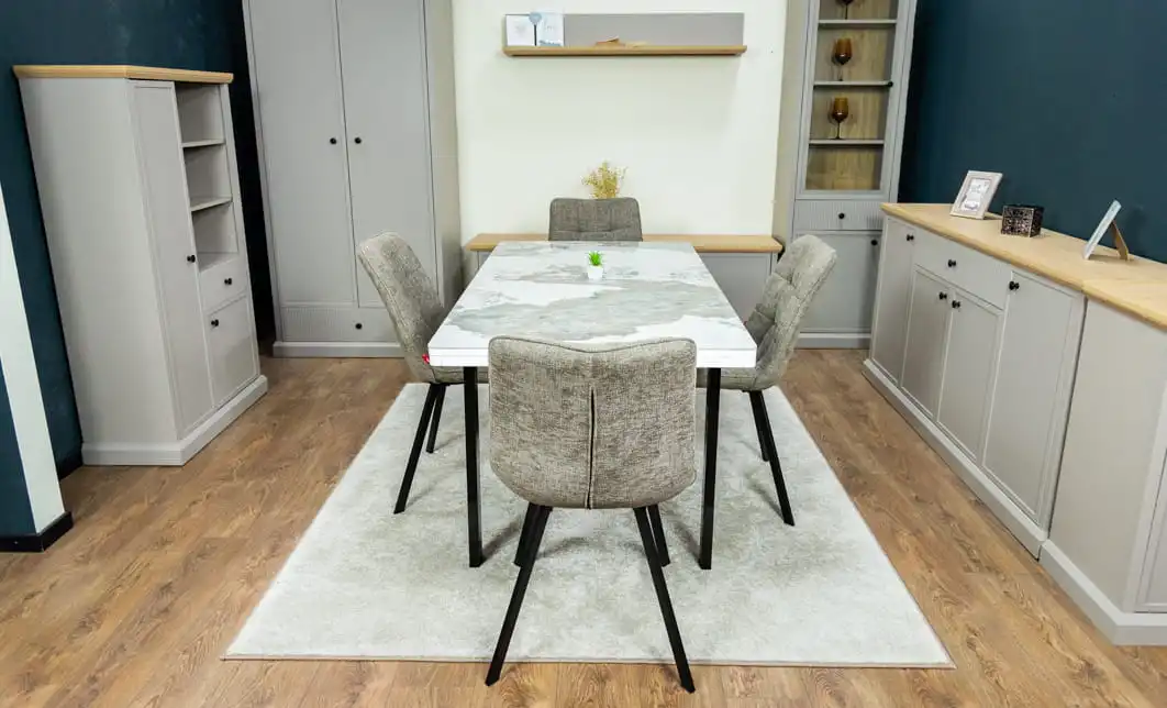 Set Masă Living Extensibilă Blat Ceramic KJT416 Alb-Cappuccino cu 4 Scaune DCM1801CF Verzi 9