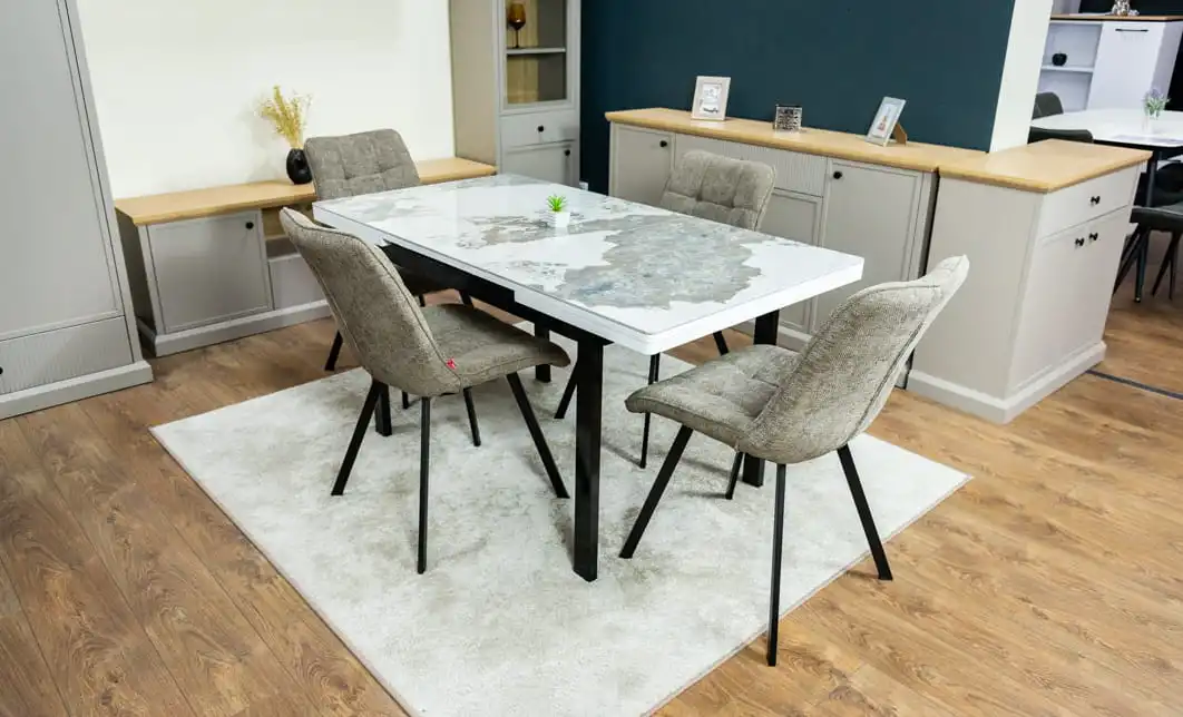 Set Masă Living Extensibilă Blat Ceramic KJT416 Alb-Cappuccino cu 4 Scaune DCM1801CF Verzi 5