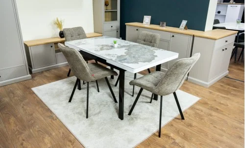 Set Masă Living Extensibilă Blat Ceramic KJT416 Alb-Cappuccino cu 4 Scaune DCM1801CF Verzi
