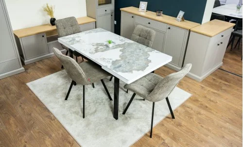 Set Masă Living Extensibilă Blat Ceramic KJT416 Alb-Cappuccino cu 4 Scaune DCM1801CF Verzi