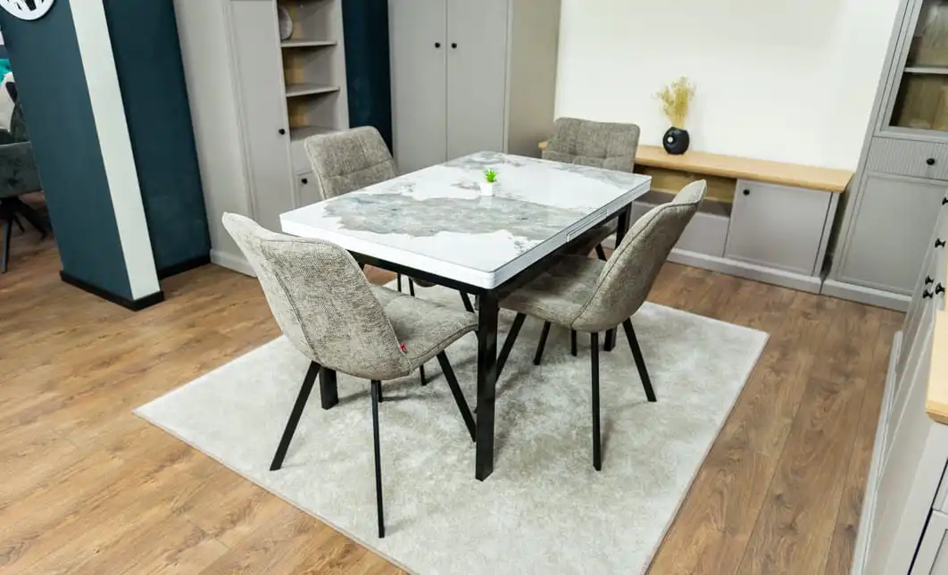 Set Masă Living Extensibilă Blat Ceramic KJT416 Alb-Cappuccino cu 4 Scaune DCM1801CF Verzi