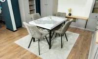 Set Masă Living Extensibilă Blat Ceramic KJT416 Alb-Cappuccino cu 4 Scaune DCM1801CF Verzi