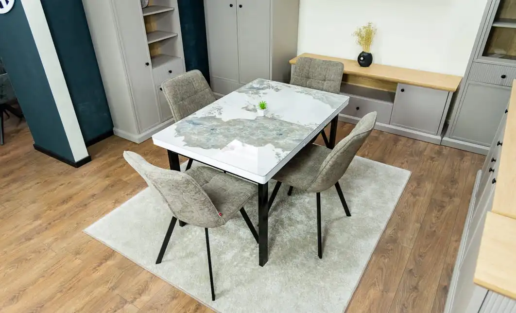 Set Masă Living Extensibilă Blat Ceramic KJT416 Alb-Cappuccino cu 4 Scaune DCM1801CF Verzi