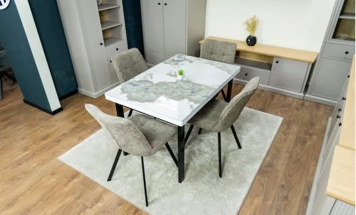 Set Masă Living Extensibilă Blat Ceramic KJT416 Alb-Cappuccino cu 4 Scaune DCM1801CF Verzi