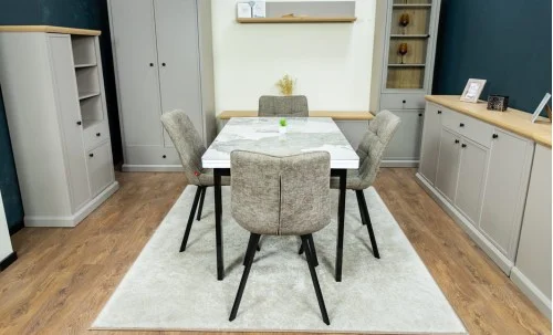 Set Masă Living Extensibilă Blat Ceramic KJT416 Alb-Cappuccino cu 4 Scaune DCM1801CF Verzi