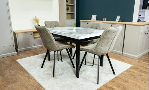 Set Masă Living Extensibilă Blat Ceramic KJT416 Alb-Cappuccino cu 4 Scaune DCM1801CF Verzi