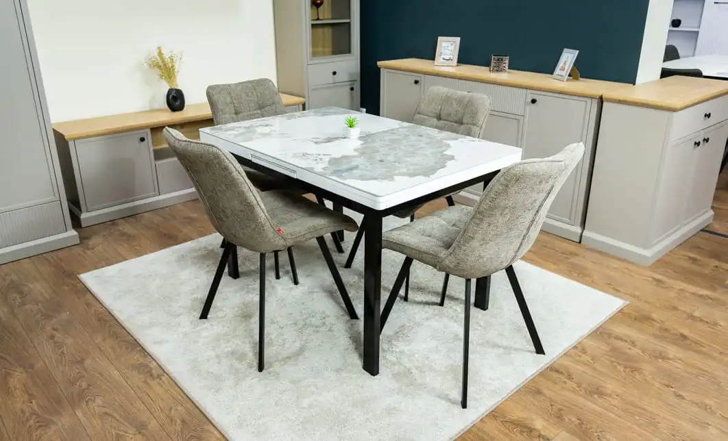 Set Masă Living Extensibilă Blat Ceramic KJT416 Alb-Cappuccino cu 4 Scaune DCM1801CF Verzi