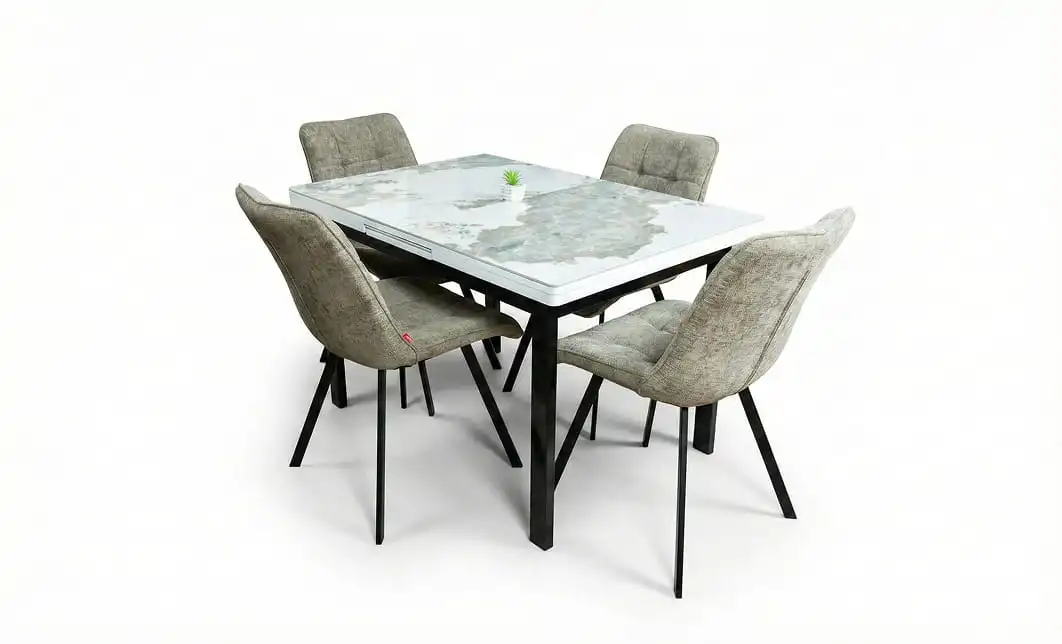 Set Masă Living Extensibilă Blat Ceramic KJT416 Alb-Cappuccino cu 4 Scaune DCM1801CF Verzi 1