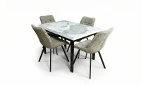 Set Masă Living Extensibilă Blat Ceramic KJT416 Alb-Cappuccino cu 4 Scaune DCM1801CF Verzi