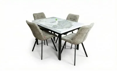 Set Masă Living Extensibilă Blat Ceramic KJT416 Alb-Cappuccino cu 4 Scaune DCM1801CF Verzi