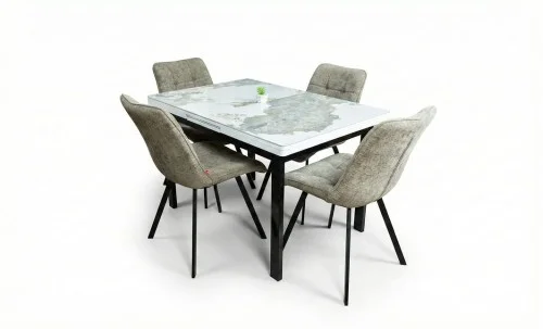 Set Masă Living Extensibilă Blat Ceramic KJT416 Alb-Cappuccino cu 4 Scaune DCM1801CF Verzi