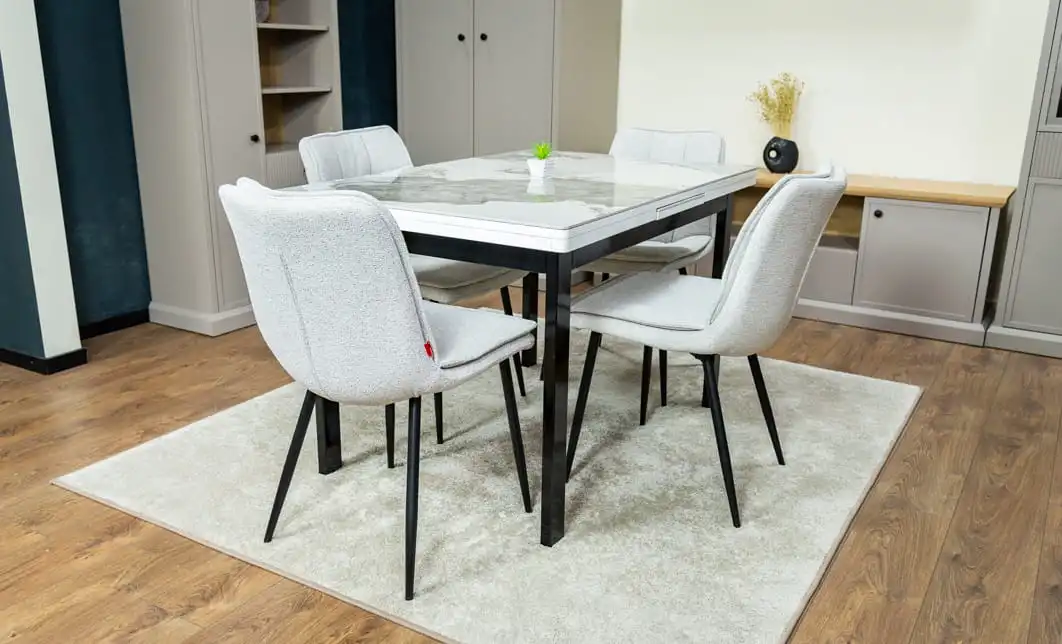 Set Masă Living Extensibilă Blat Ceramic KJT416 Alb-Cappuccino cu 4 Scaune DCM2001AF Bej