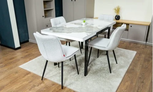 Set Masă Living Extensibilă Blat Ceramic KJT416 Alb-Cappuccino cu 4 Scaune DCM2001AF Bej