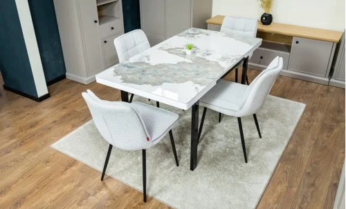 Set Masă Living Extensibilă Blat Ceramic KJT416 Alb-Cappuccino cu 4 Scaune DCM2001AF Bej