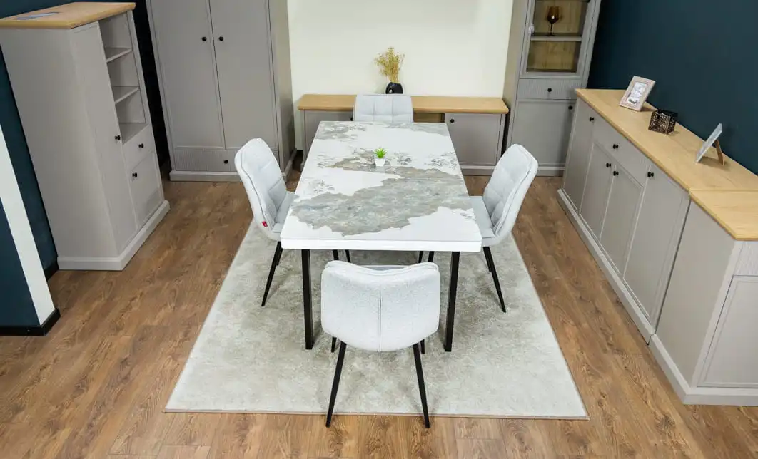 Set Masă Living Extensibilă Blat Ceramic KJT416 Alb-Cappuccino cu 4 Scaune DCM2001AF Bej 9