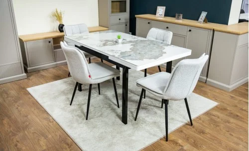 Set Masă Living Extensibilă Blat Ceramic KJT416 Alb-Cappuccino cu 4 Scaune DCM2001AF Bej