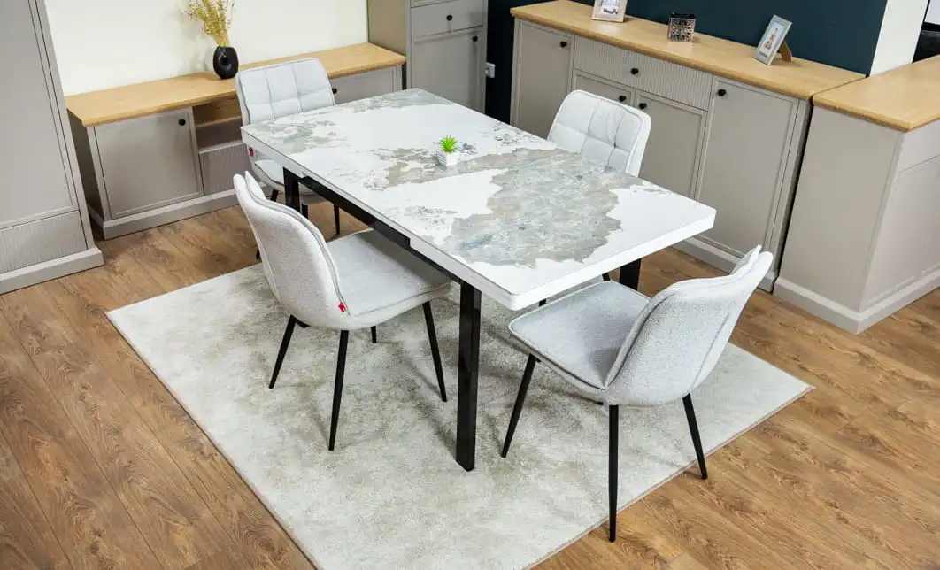 Set Masă Living Extensibilă Blat Ceramic KJT416 Alb-Cappuccino cu 4 Scaune DCM2001AF Bej 4