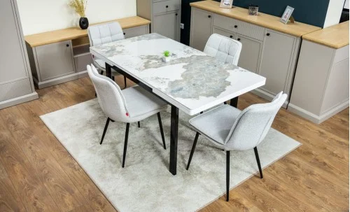 Set Masă Living Extensibilă Blat Ceramic KJT416 Alb-Cappuccino cu 4 Scaune DCM2001AF Bej