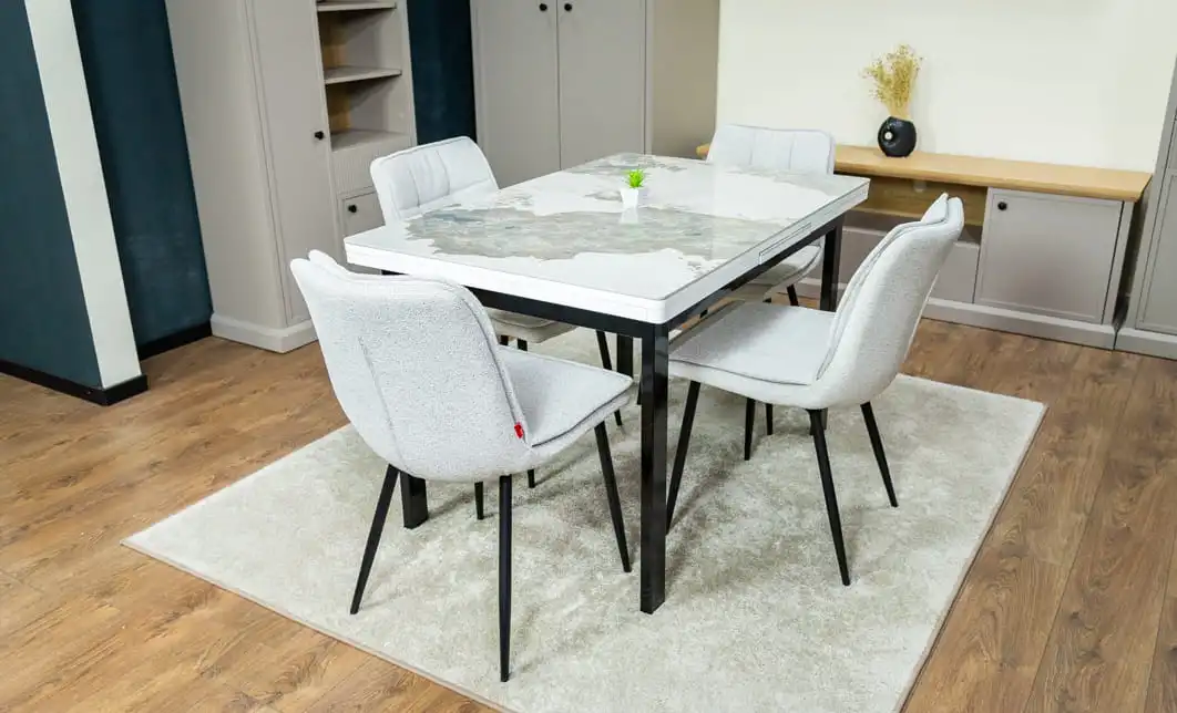 Set Masă Living Extensibilă Blat Ceramic KJT416 Alb-Cappuccino cu 4 Scaune DCM2001AF Bej
