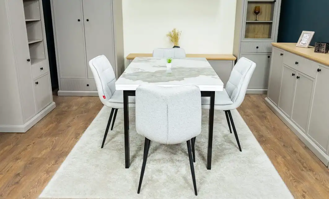 Set Masă Living Extensibilă Blat Ceramic KJT416 Alb-Cappuccino cu 4 Scaune DCM2001AF Bej 10