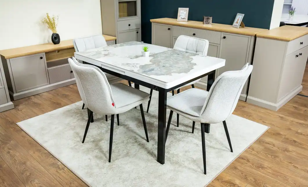 Set Masă Living Extensibilă Blat Ceramic KJT416 Alb-Cappuccino cu 4 Scaune DCM2001AF Bej