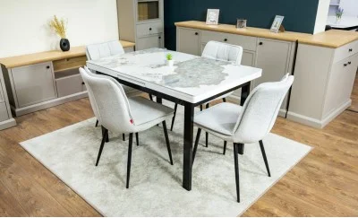 Set Masă Living Extensibilă Blat Ceramic KJT416 Alb-Cappuccino cu 4 Scaune DCM2001AF Bej