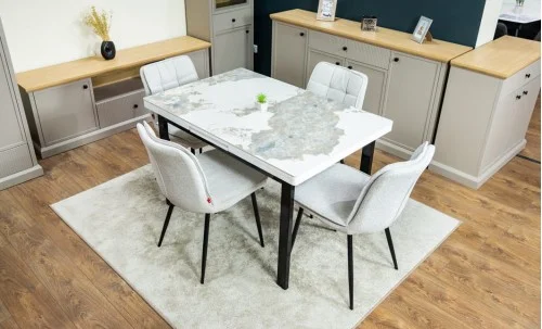 Set Masă Living Extensibilă Blat Ceramic KJT416 Alb-Cappuccino cu 4 Scaune DCM2001AF Bej