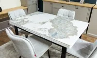 Set Masă Living Extensibilă Blat Ceramic KJT416 Alb-Cappuccino cu 4 Scaune DCM2001AF Bej