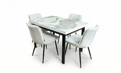 Set Masă Living Extensibilă Blat Ceramic KJT416 Alb-Cappuccino cu 4 Scaune DCM2001AF Bej