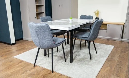 Set Masă Living Extensibilă Blat Ceramic KJT416 Alb-Cappuccino cu 4 Scaune DCM2001AF Gri