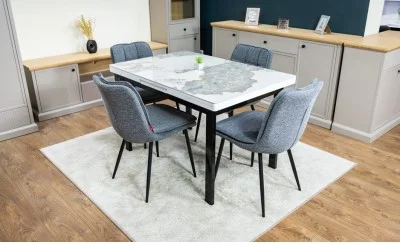 Set Masă Living Extensibilă Blat Ceramic KJT416 Alb-Cappuccino cu 4 Scaune DCM2001AF Gri