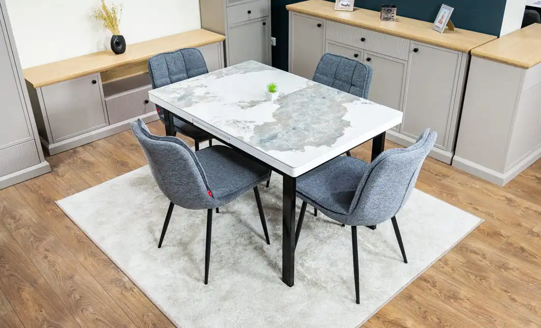 Set Masă Living Extensibilă Blat Ceramic KJT416 Alb-Cappuccino cu 4 Scaune DCM2001AF Gri 2