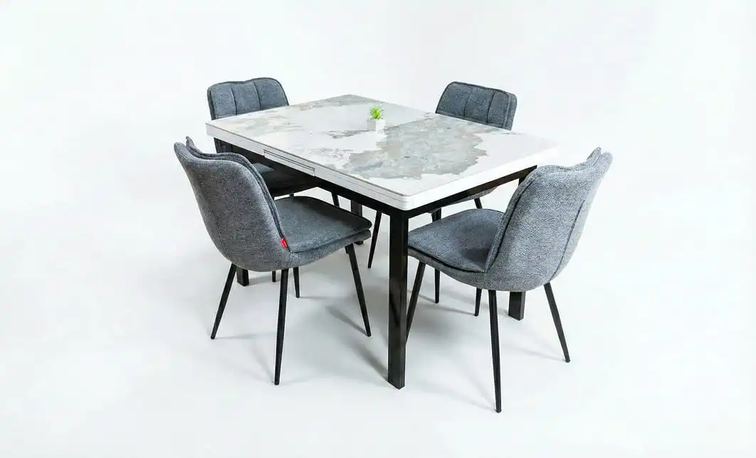 Set Masă Living Extensibilă Blat Ceramic KJT416 Alb-Cappuccino cu 4 Scaune DCM2001AF Gri 1
