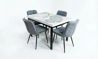 Set Masă Living Extensibilă Blat Ceramic KJT416 Alb-Cappuccino cu 4 Scaune DCM2001AF Gri