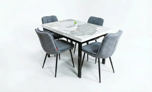 Set Masă Living Extensibilă Blat Ceramic KJT416 Alb-Cappuccino cu 4 Scaune DCM2001AF Gri