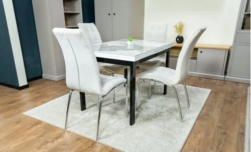 Set Masă Living Extensibilă Blat Ceramic KJT416 Alb-Cappuccino cu 4 Scaune F630 Bej