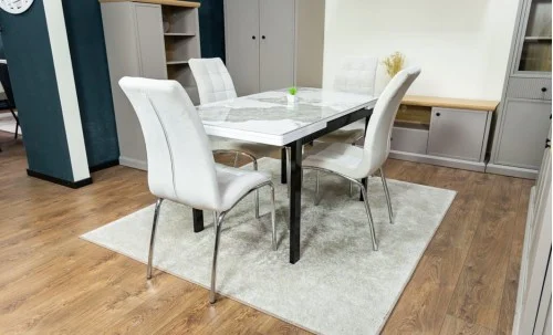 Set Masă Living Extensibilă Blat Ceramic KJT416 Alb-Cappuccino cu 4 Scaune F630 Bej
