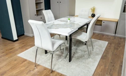 Set Masă Living Extensibilă Blat Ceramic KJT416 Alb-Cappuccino cu 4 Scaune F630 Bej
