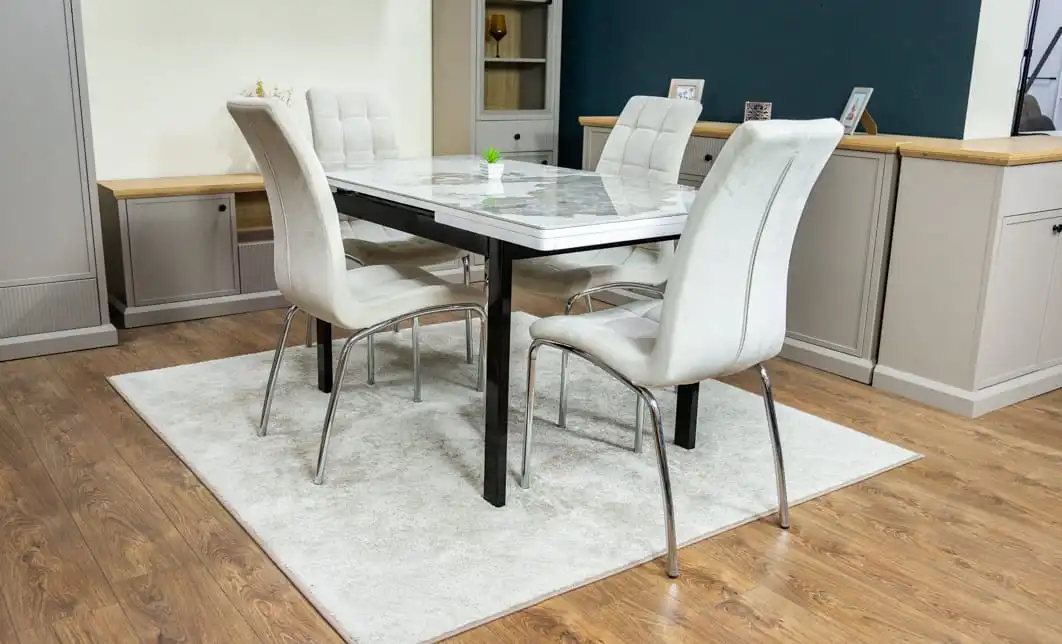 Set Masă Living Extensibilă Blat Ceramic KJT416 Alb-Cappuccino cu 4 Scaune F630 Bej 4